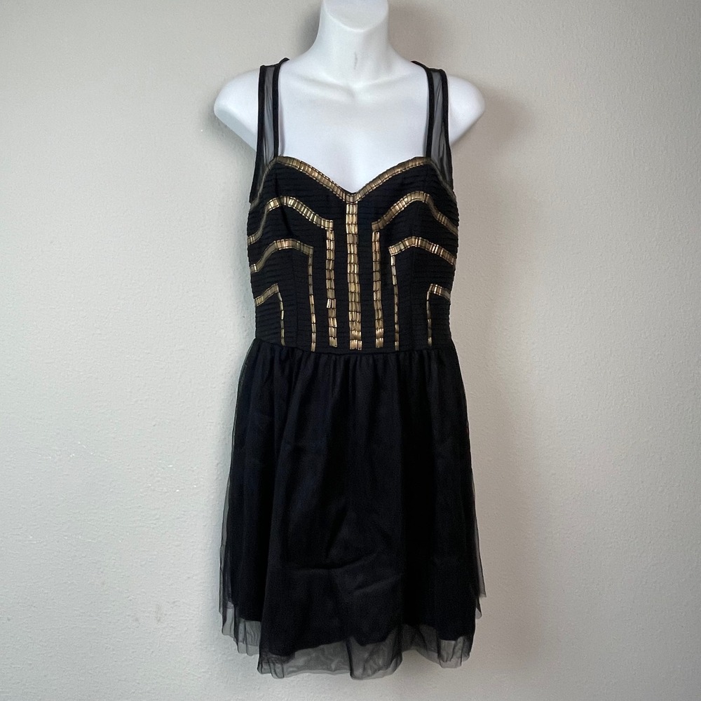 Guess Los Angeles Black Gold Beaded Tulle Fit & Flare Cocktail Dress Size 8